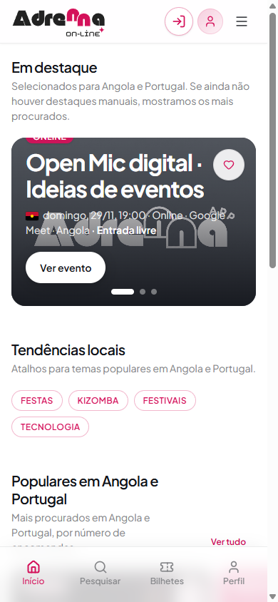 Página inicial da Adrenna com eventos em destaque