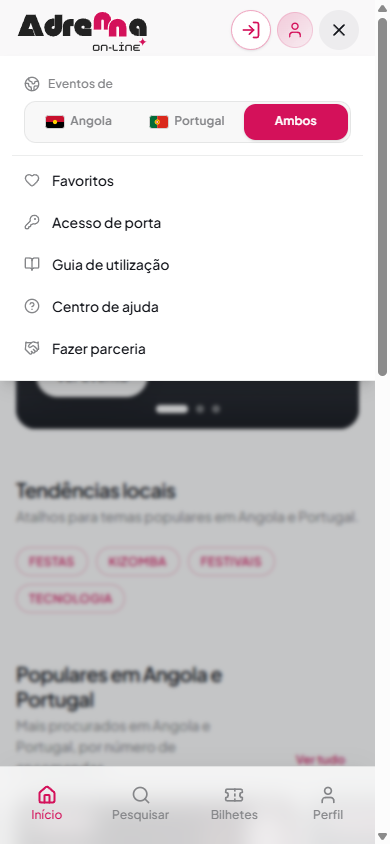Menu com a opção Eventos de Angola, Portugal ou Ambos