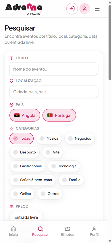 Ecrã de pesquisa com filtros de título, local, país e categorias