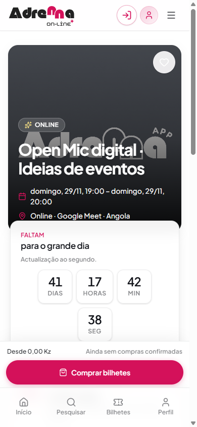 Página de um evento com contagem decrescente e botão comprar
