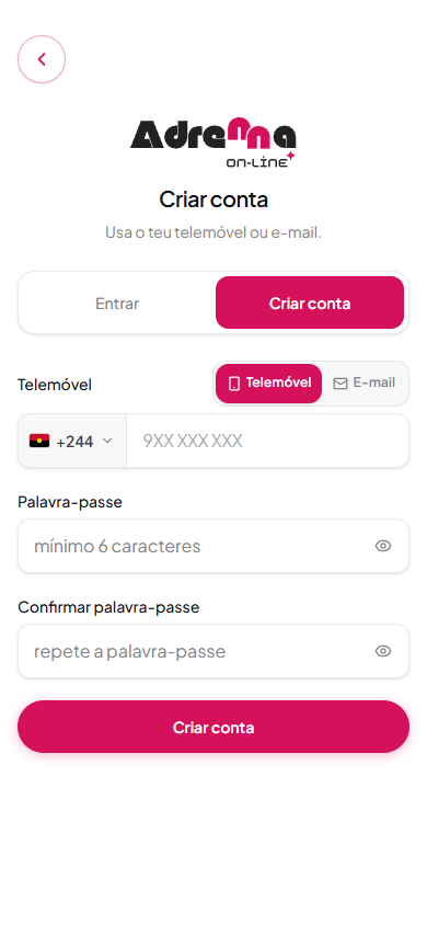 Formulário de criar conta com telemóvel ou e-mail