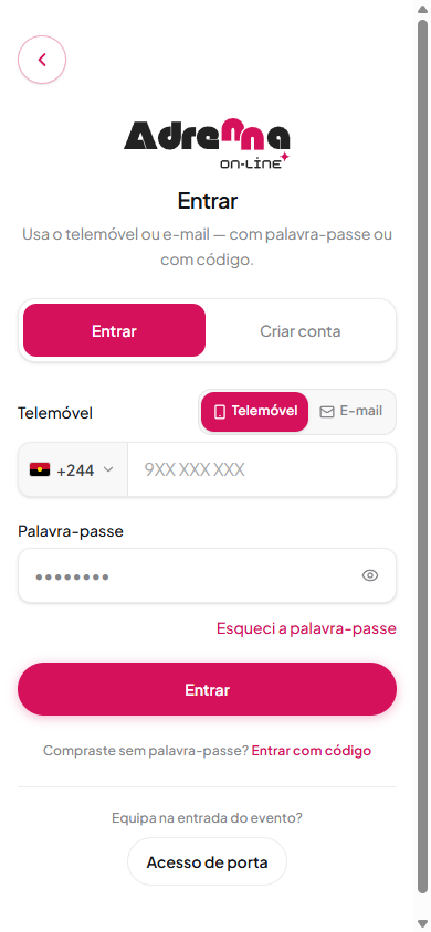 Formulário de entrar com palavra-passe
