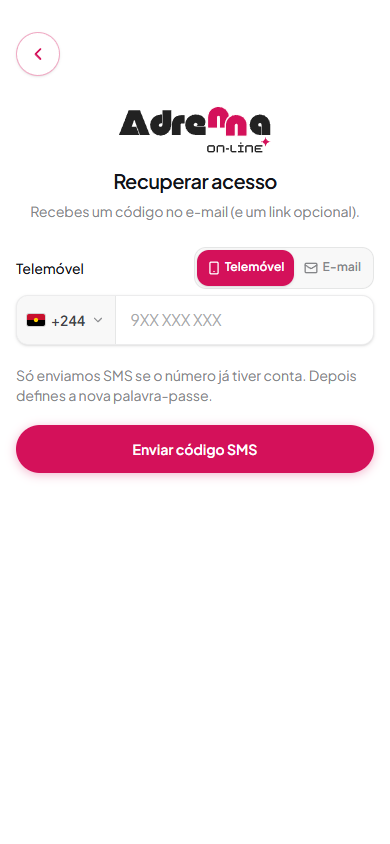 Ecrã de recuperação de palavra-passe