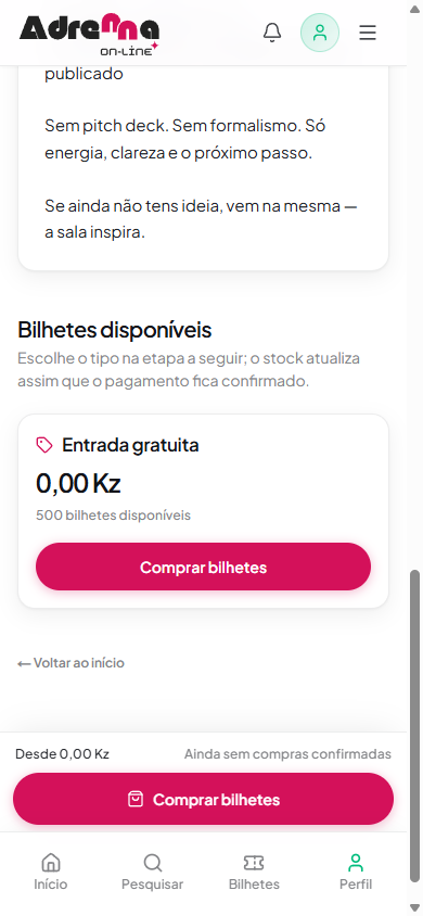 Lista de tipos de bilhete com preço e disponibilidade