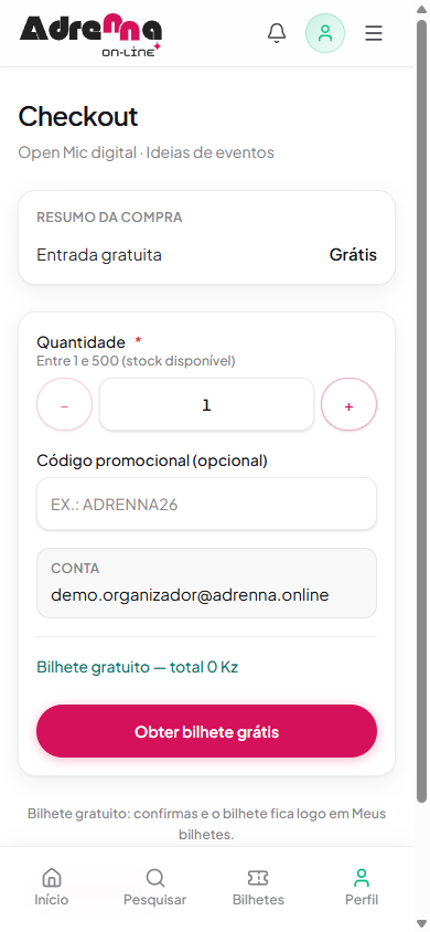 Checkout com quantidade, código promocional e total