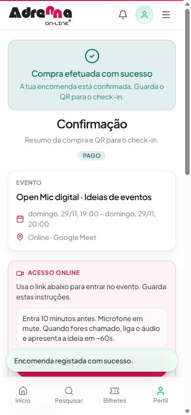 Confirmação de compra com estado Pago