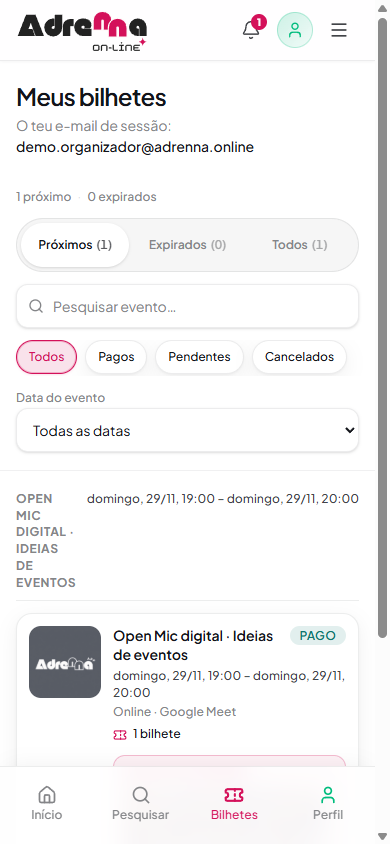 Carteira de bilhetes com separadores Próximos, Expirados e Todos