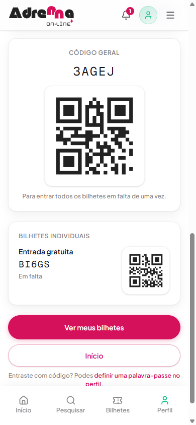 Código geral e bilhetes individuais com QR