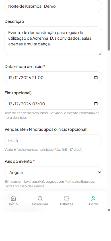 Formulário de criação com título, descrição e datas