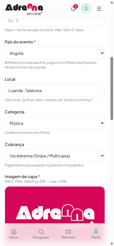 Campos de país, local, categoria e cobrança