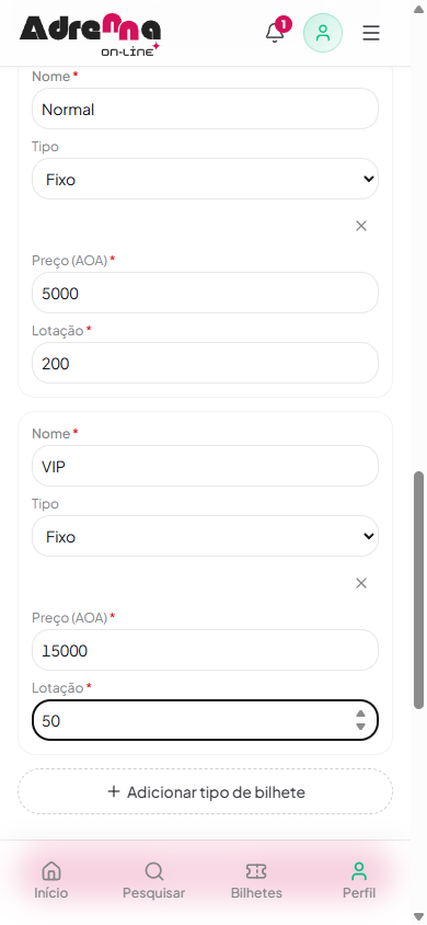 Secção de tipos de bilhete com nome, tipo, preço e lotação