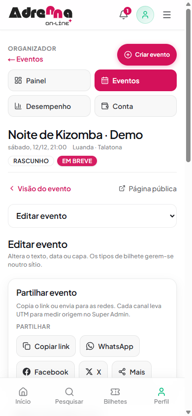 Ecrã de edição do evento