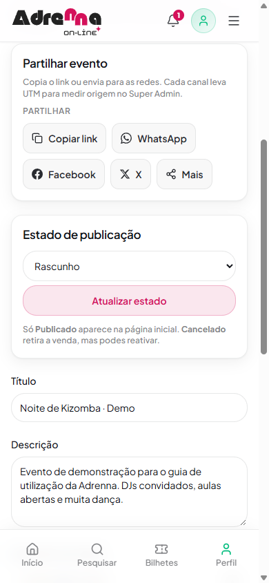 Partilhar evento e estado de publicação