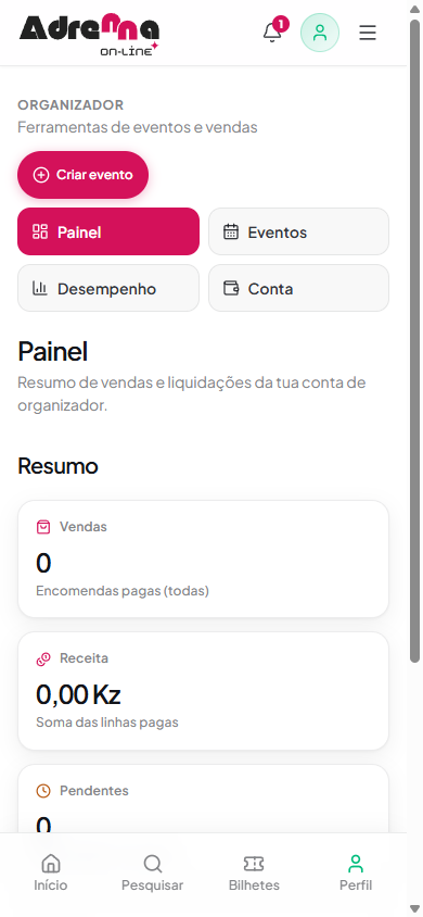 Painel do organizador com vendas, receita e pendentes