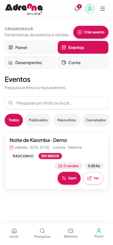 Lista de eventos do organizador