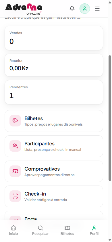 Visão geral do evento com vendas, receita e pendentes
