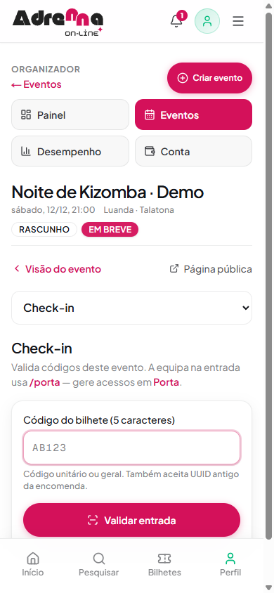Ecrã de check-in com campo do código do bilhete