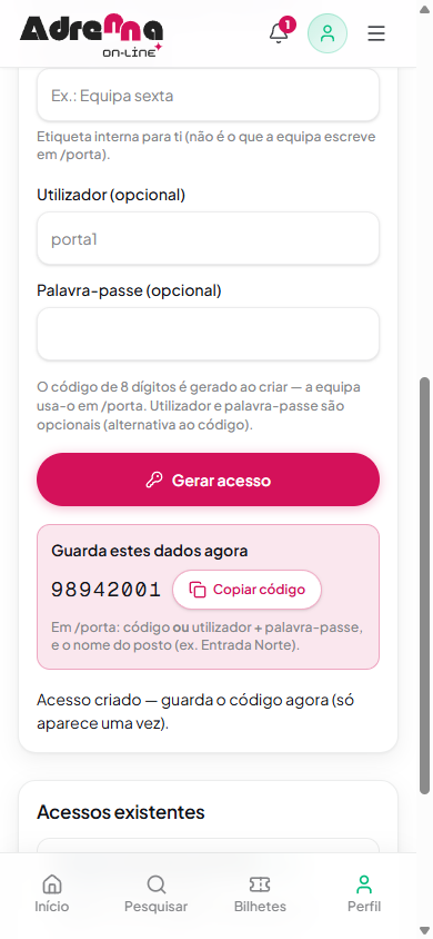 Código de acesso de 8 dígitos gerado