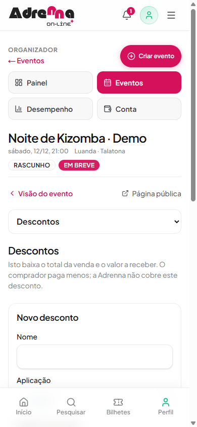 Formulário de novo desconto do evento