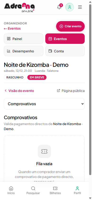 Fila de comprovativos do evento