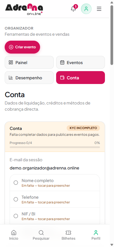 Conta do organizador com progresso dos dados de liquidação