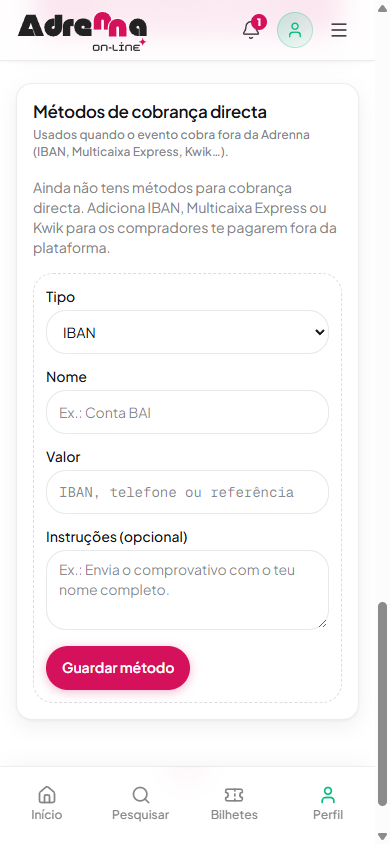 Formulário de métodos de cobrança directa