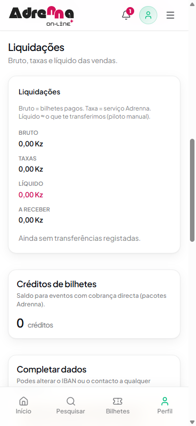 Resumo de liquidações com bruto, taxas, líquido e a receber