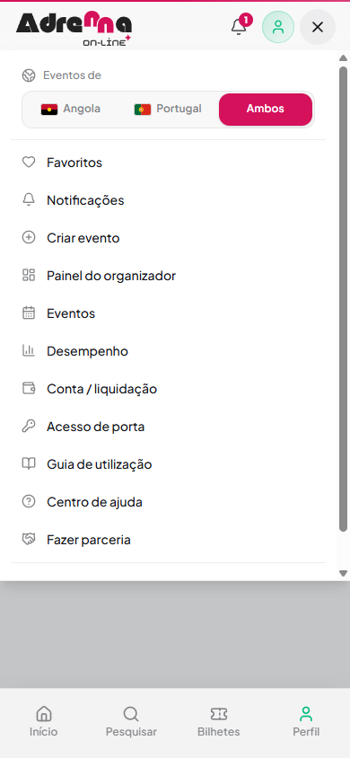 Menu com atalhos do organizador