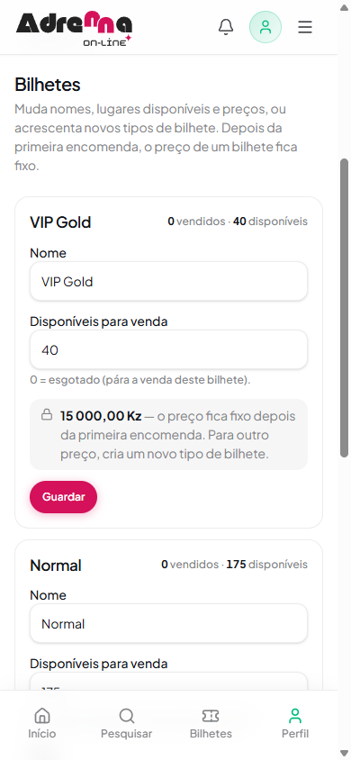 Separador Bilhetes com vendidos, disponíveis e preço bloqueado